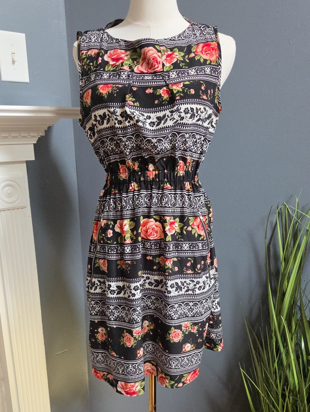 feathers Black Floral Mini Dress with Pink Rose Print- Size Medium